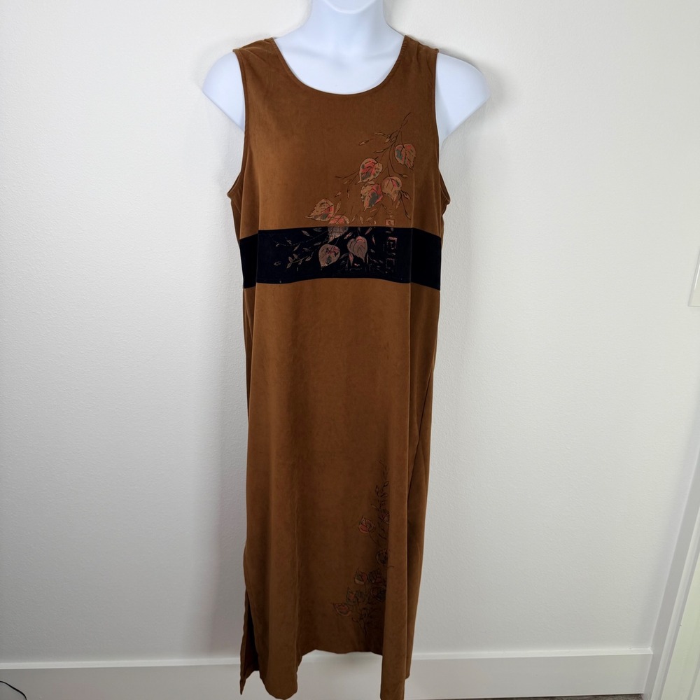 Betsy Lauren 14 Brown Faux Suede-look Floral Maxi Dress Sleeveless Tiny Pocket
